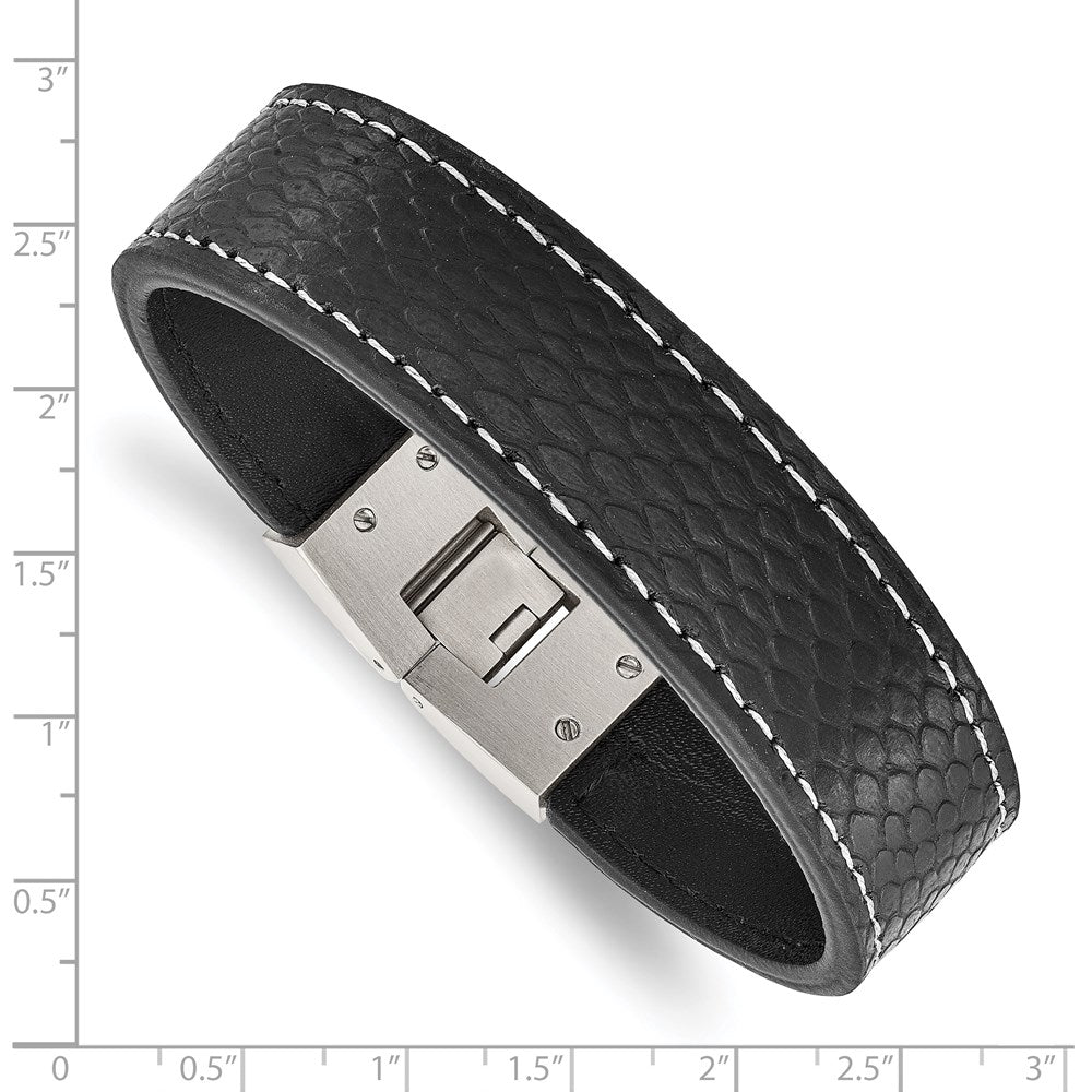 Stainless Steel Polished Black Leather 8in Bracelet