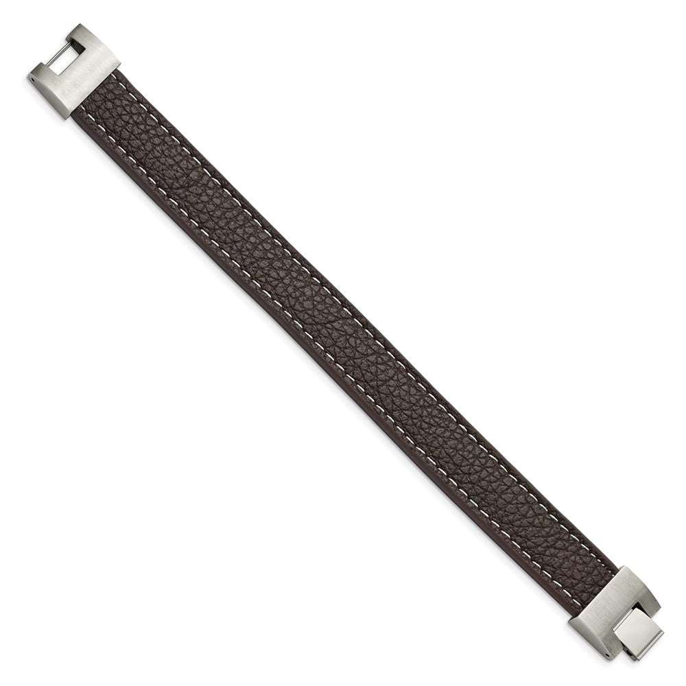 Stainless Steel Polished Brown Leather 8in Bracelet