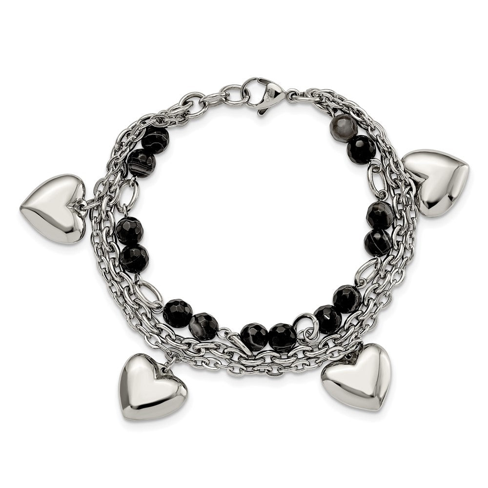 Stainless Steel Polished w/Black & White Agate w/Hearts 7.5in Bracelet