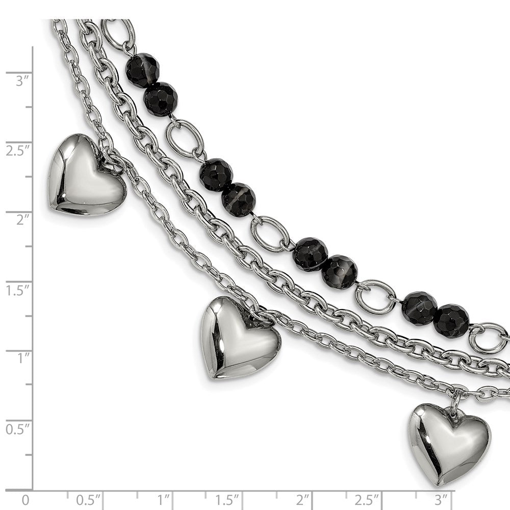 Stainless Steel Polished w/Black & White Agate w/Hearts 7.5in Bracelet