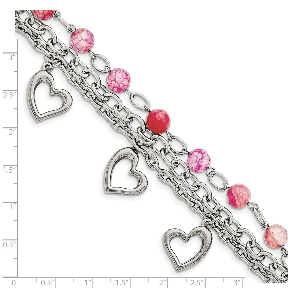 Stainless Steel Polished w/Pink Agate and Hearts 7.75in Bracelet