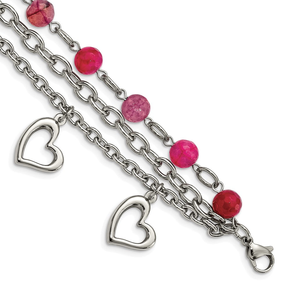 Stainless Steel Polished w/Pink Agate and Hearts 7.75in Bracelet