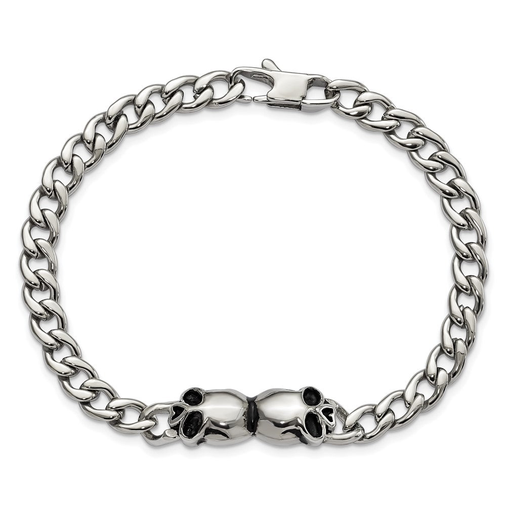 Stainless Steel Polished and Antiqued Skulls Link Bracelet