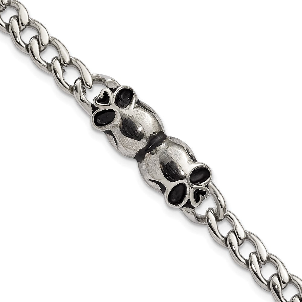 Stainless Steel Polished and Antiqued Skulls Link Bracelet