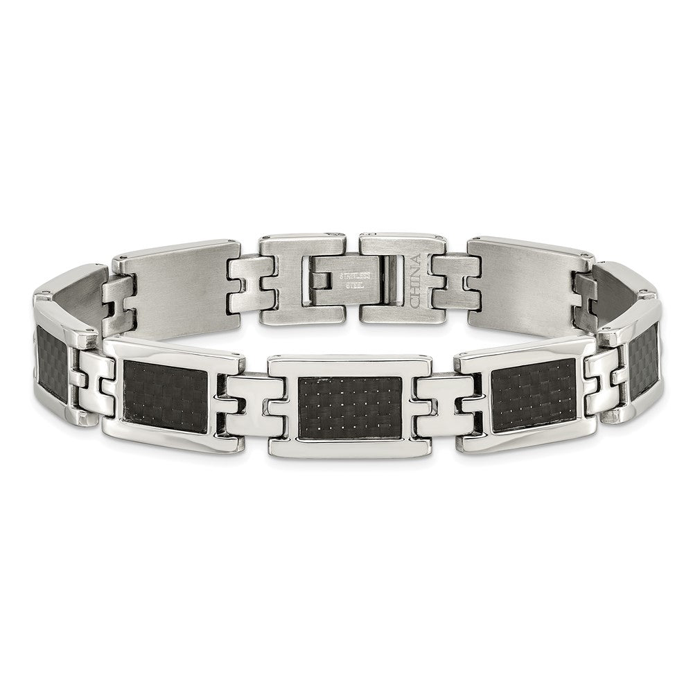 Chisel Stainless Steel Polished with Black Carbon Fiber Inlay 9 inch Link Bracelet