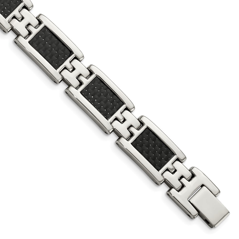 Chisel Stainless Steel Polished with Black Carbon Fiber Inlay 9 inch Link Bracelet