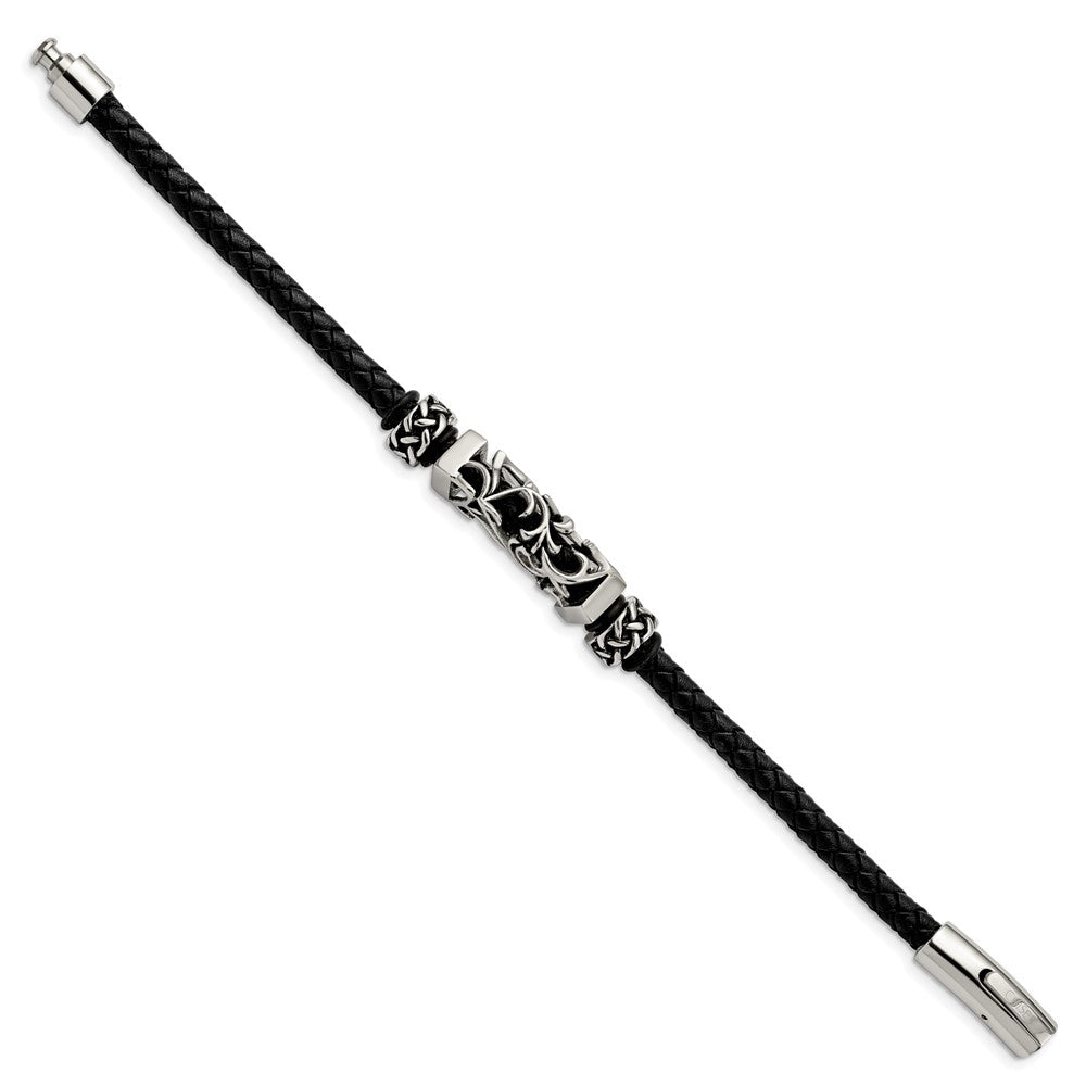 Chisel Stainless Steel Polished with Antiqued Beads Braided Black Leather 8.25 inch Bracelet