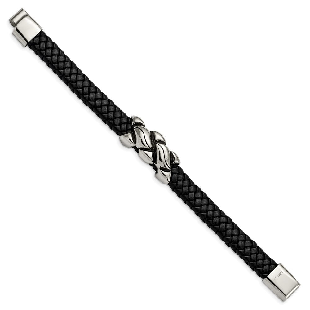 Stainless Steel Antiqued and Polished Black Leather 8.25in Bracelet