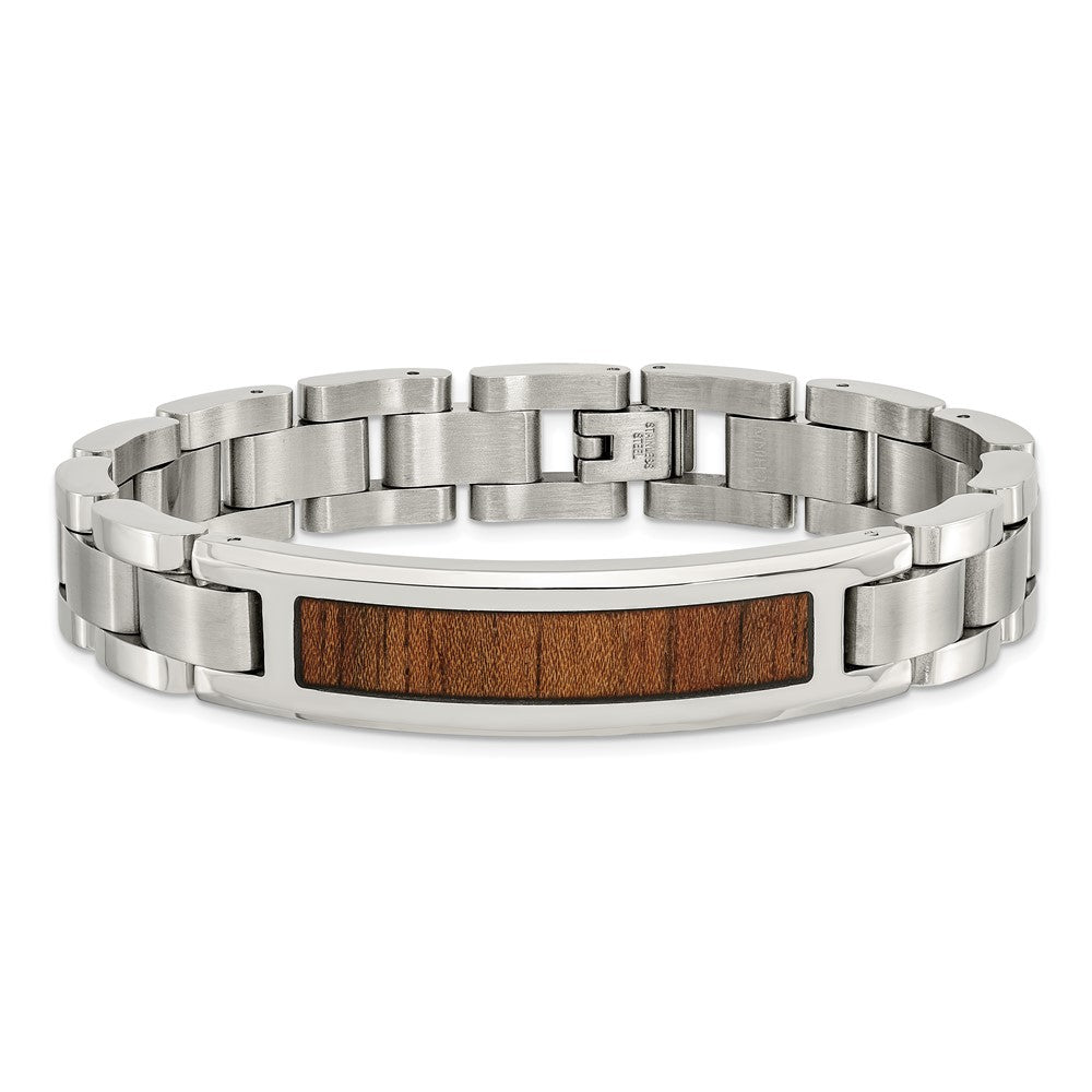 Chisel Stainless Steel Brushed and Polished Enameled with Koa Wood Inlay 8.5in Link ID Bracelet