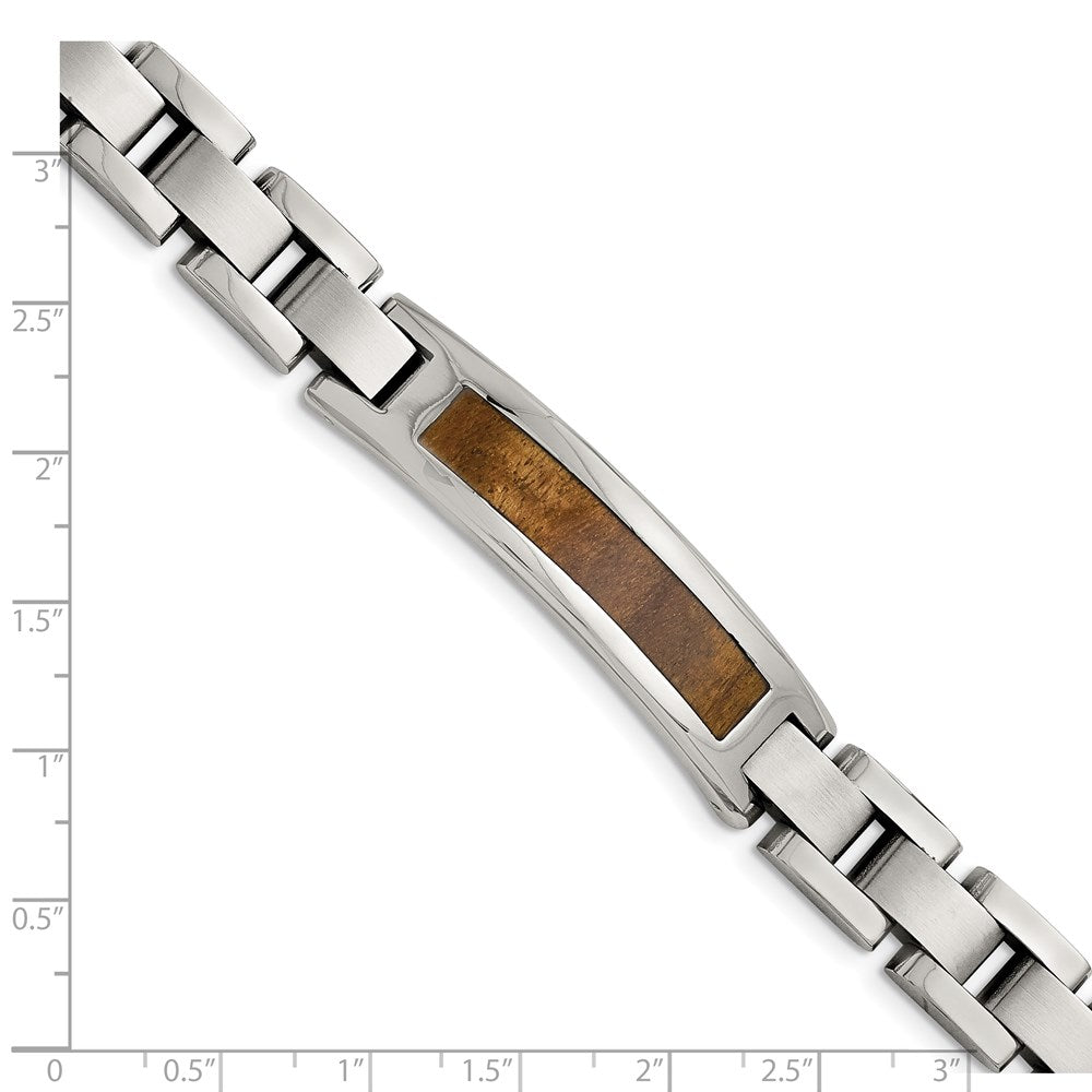 Chisel Stainless Steel Brushed and Polished Enameled with Koa Wood Inlay 8.5in Link ID Bracelet