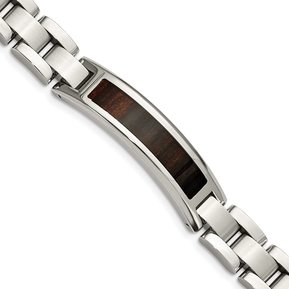 Chisel Stainless Steel Polished Enameled Black Koa Wood 8.5 inch Link ID Bracelet