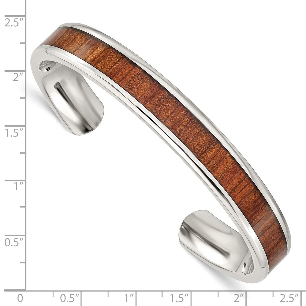 Chisel Stainless Steel Polished with Red/Orange Koa Wood Inlay Cuff Bangle