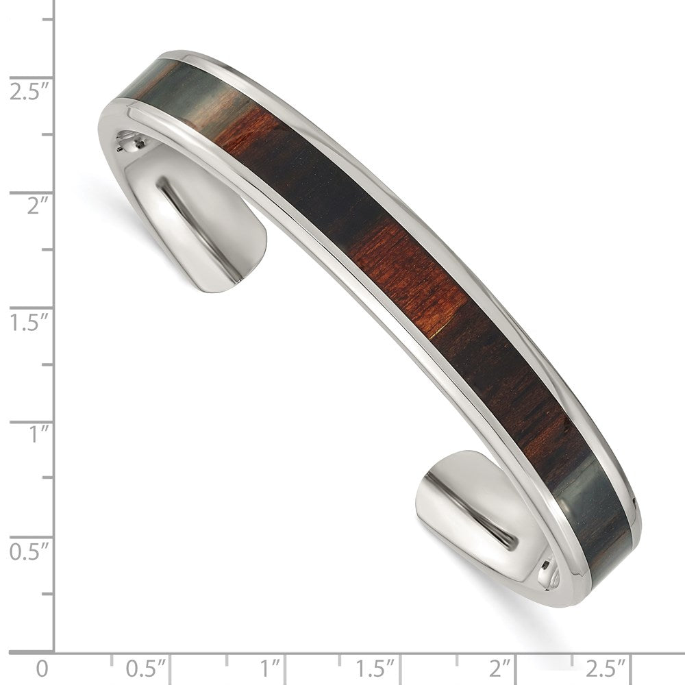 Chisel Stainless Steel Polished with Enameled Koa Wood Inlay Cuff Bangle