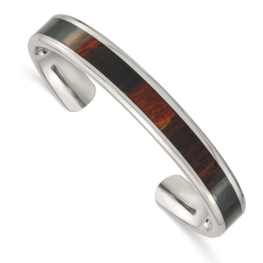 Chisel Stainless Steel Polished with Enameled Koa Wood Inlay Cuff Bangle