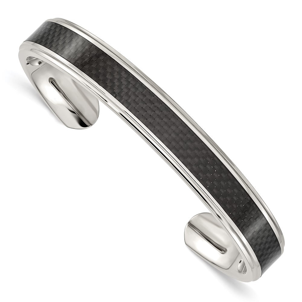 Chisel Stainless Steel Polished with Black Carbon Fiber Inlay Cuff Bangle