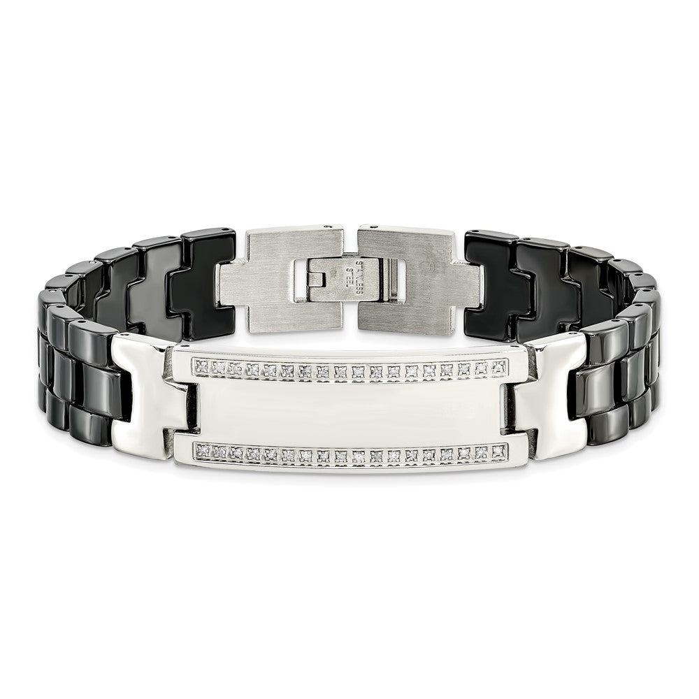 Chisel Stainless Steel Polished with Black Ceramic and 1/4 carat Diamond 8.75 inch ID Bracelet