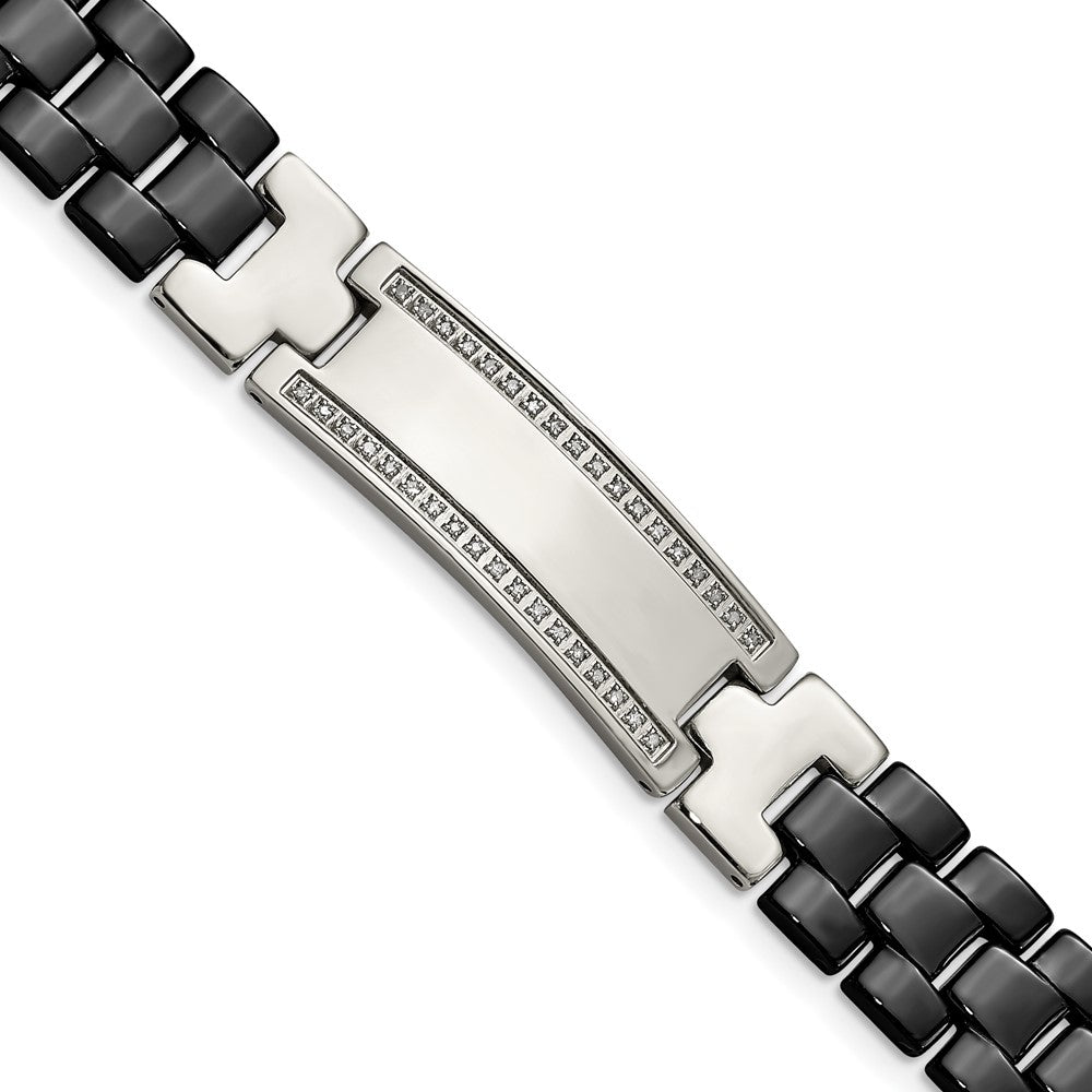 Chisel Stainless Steel Polished with Black Ceramic and 1/4 carat Diamond 8.75 inch ID Bracelet