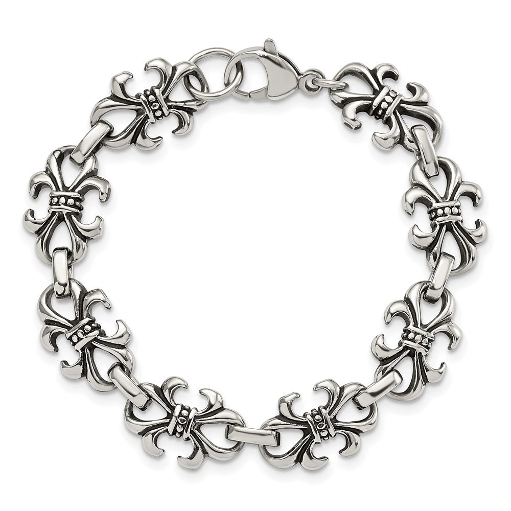 Stainless Steel Antiqued and Polished Fleur de Lis 8.25in Bracelet