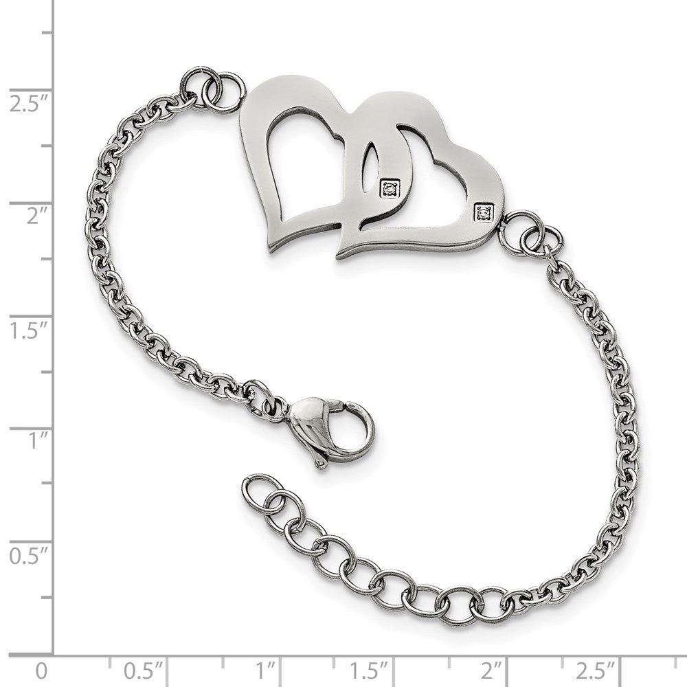 Stainless Steel Polished w/CZ Hearts 6.5in w/1.25in ext. Bracelet