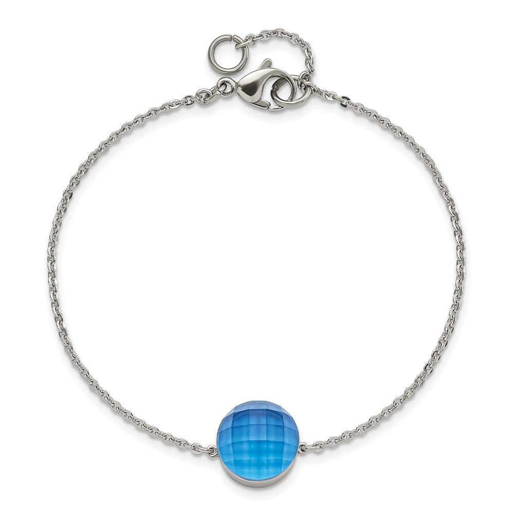 Stainless Steel Polished Blue Glass w/1in ext Bracelet