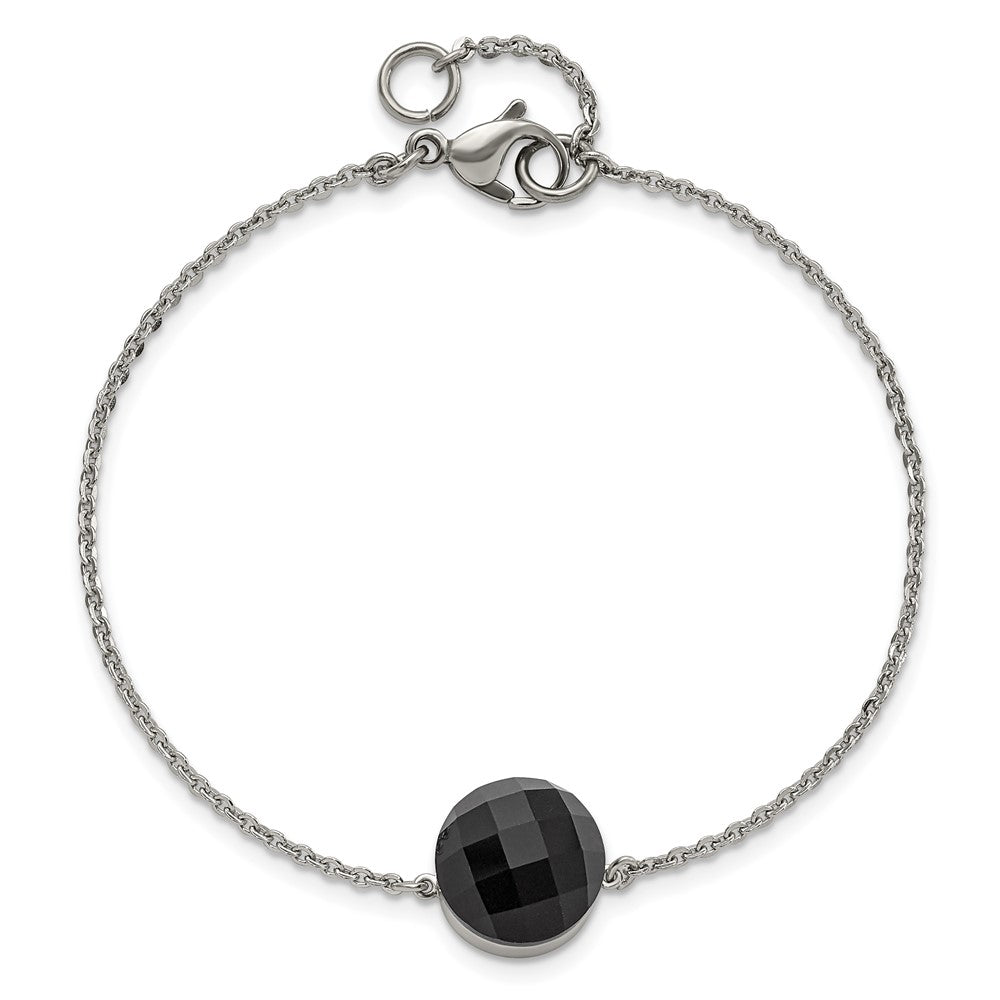 Stainless Steel Polished Dark Brown Glass w/1in ext Bracelet