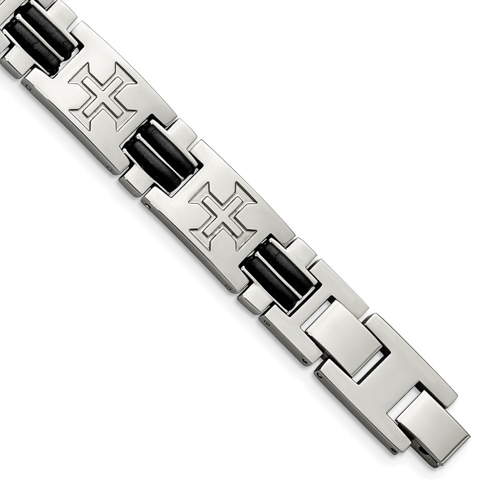 Stainless Steel Polished with Black Rubber Cross 8.5in w/ext. Bracelet