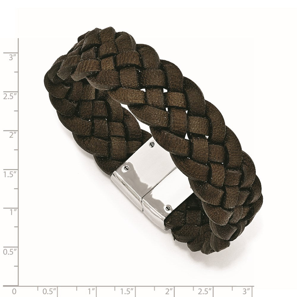 Chisel Stainless Steel Polished Brown Braided Leather 8.75 inch Bracelet