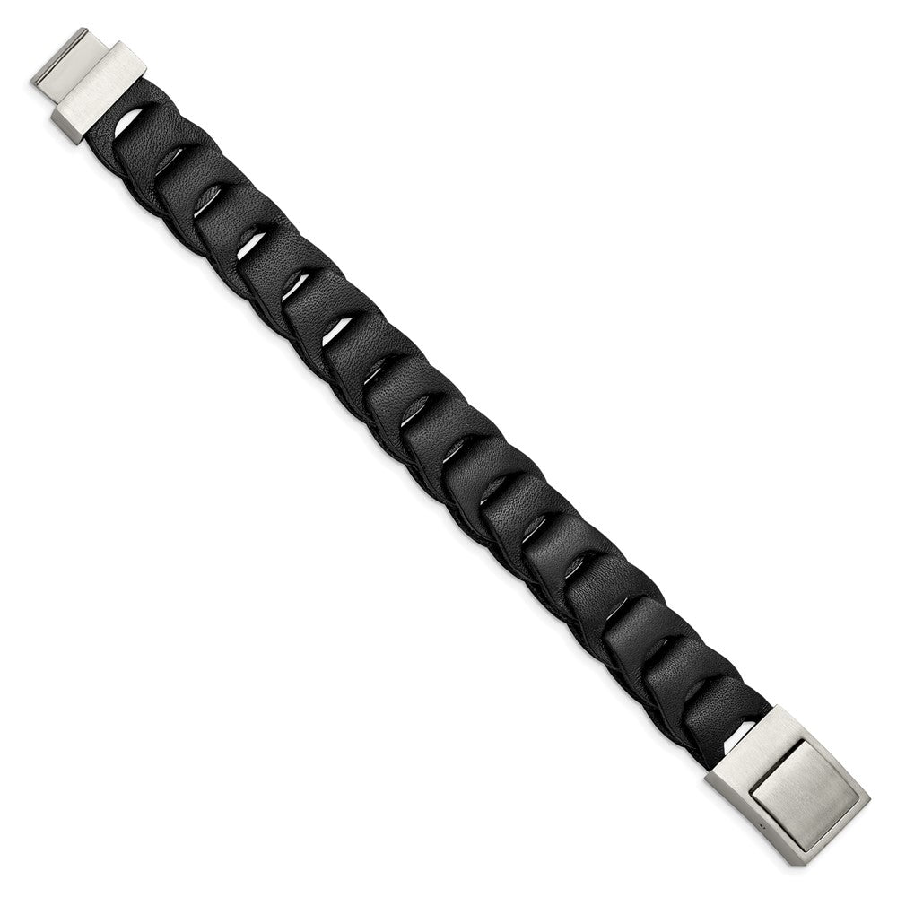 Stainless Steel Brushed Black Leather 8.25in Bracelet