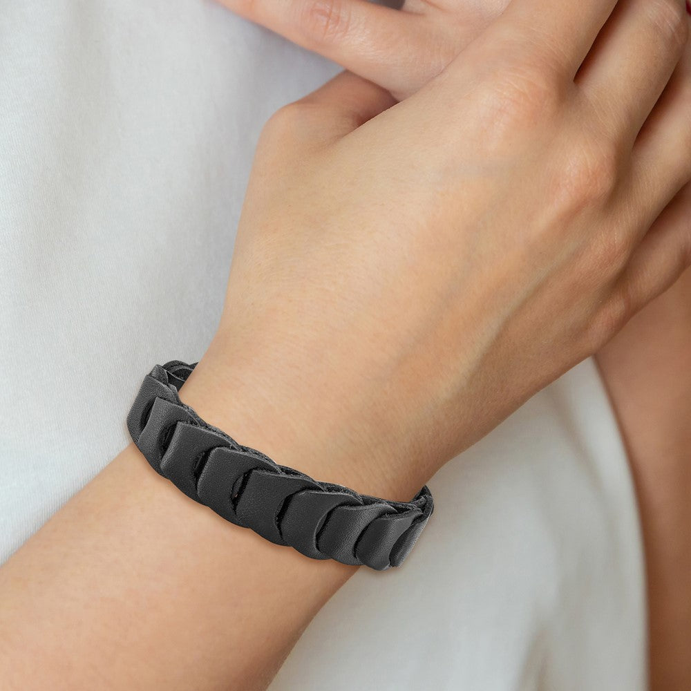 Stainless Steel Brushed Black Leather 8.25in Bracelet