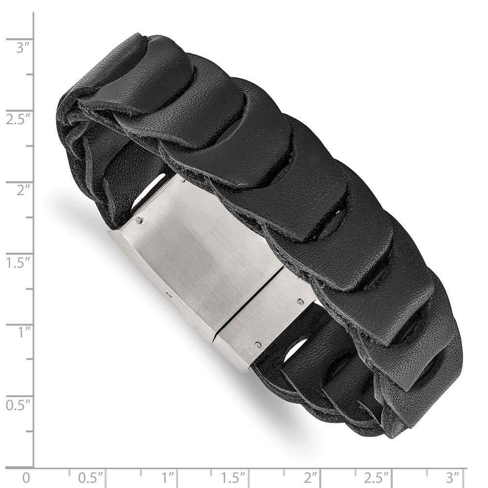 Stainless Steel Brushed Black Leather 8.25in Bracelet