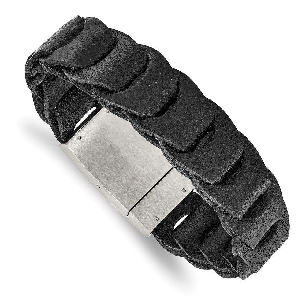 Stainless Steel Brushed Black Leather 8.25in Bracelet