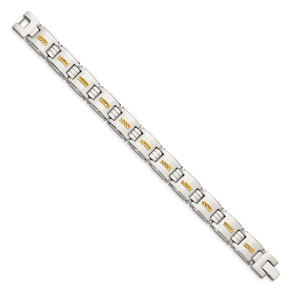 Chisel Stainless Steel Polished with Diamond-cut 14k Gold Inlay 8 inch Link Bracelet