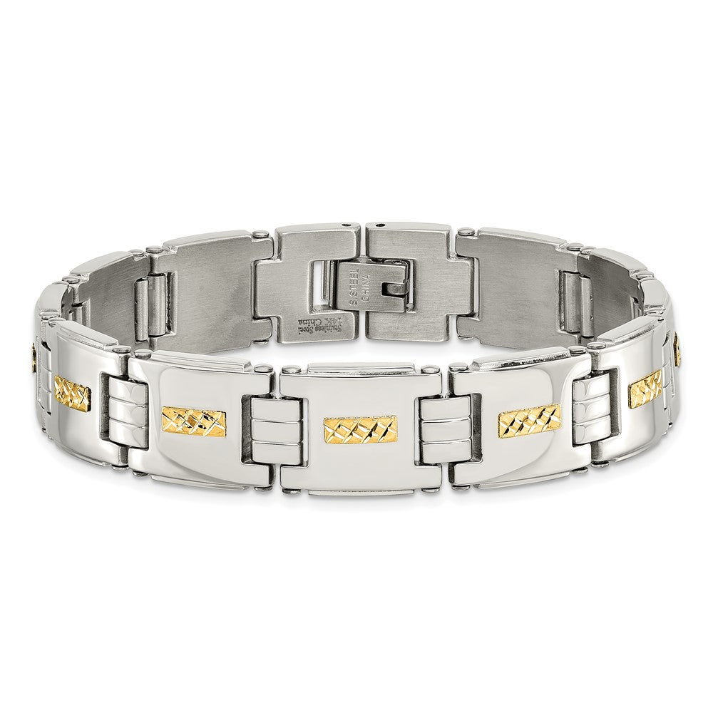 Chisel Stainless Steel Polished with Diamond-cut 14k Gold Inlay 8 inch Link Bracelet