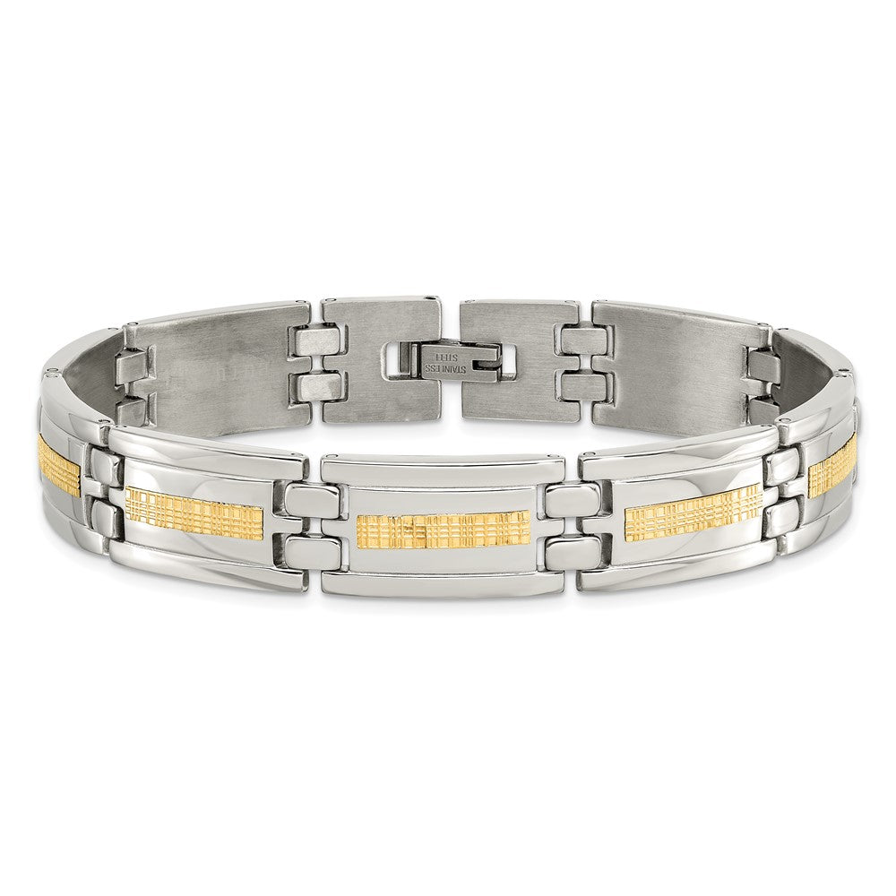 Chisel Stainless Steel Polished with 14k Gold Inlay 8.75 inch Link Bracelet