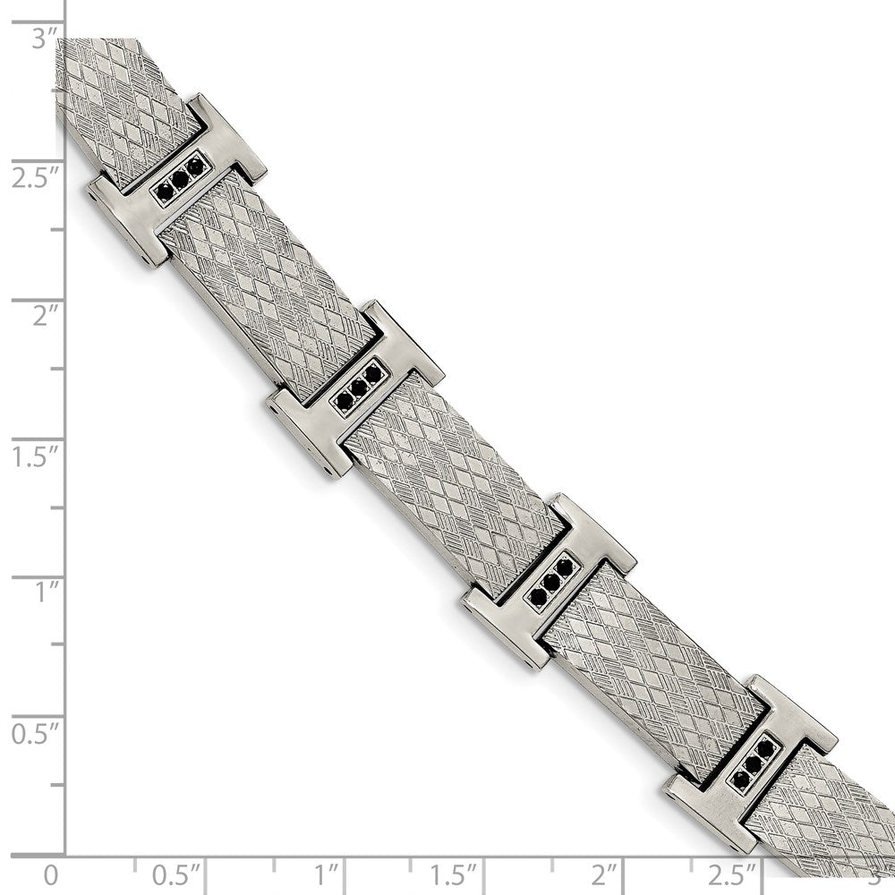 Chisel Stainless Steel Polished and Textured with Black CZ 8.5 inch Link Bracelet