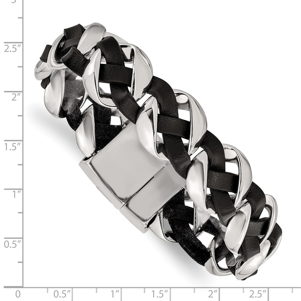 Chisel Stainless Steel Polished Black Braided Leather 8 inch Bracelet