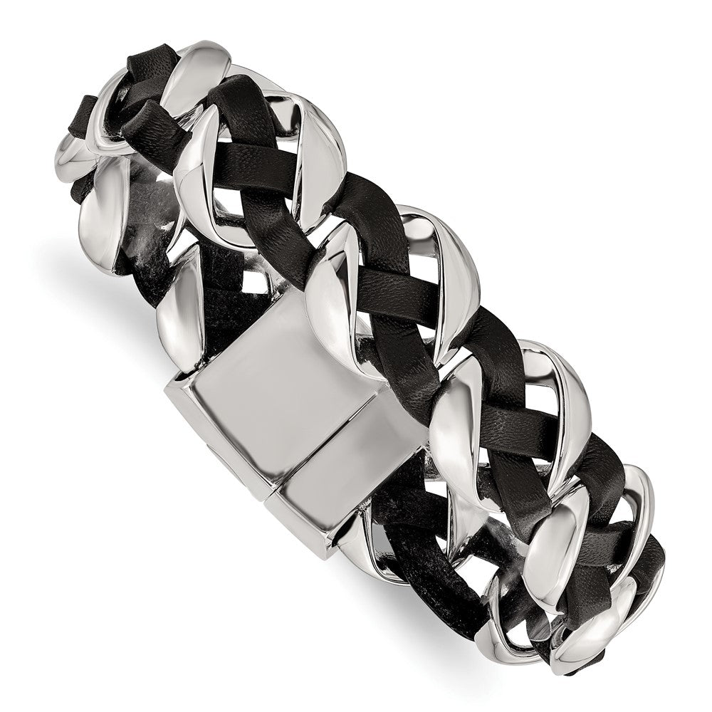 Chisel Stainless Steel Polished Black Braided Leather 8 inch Bracelet