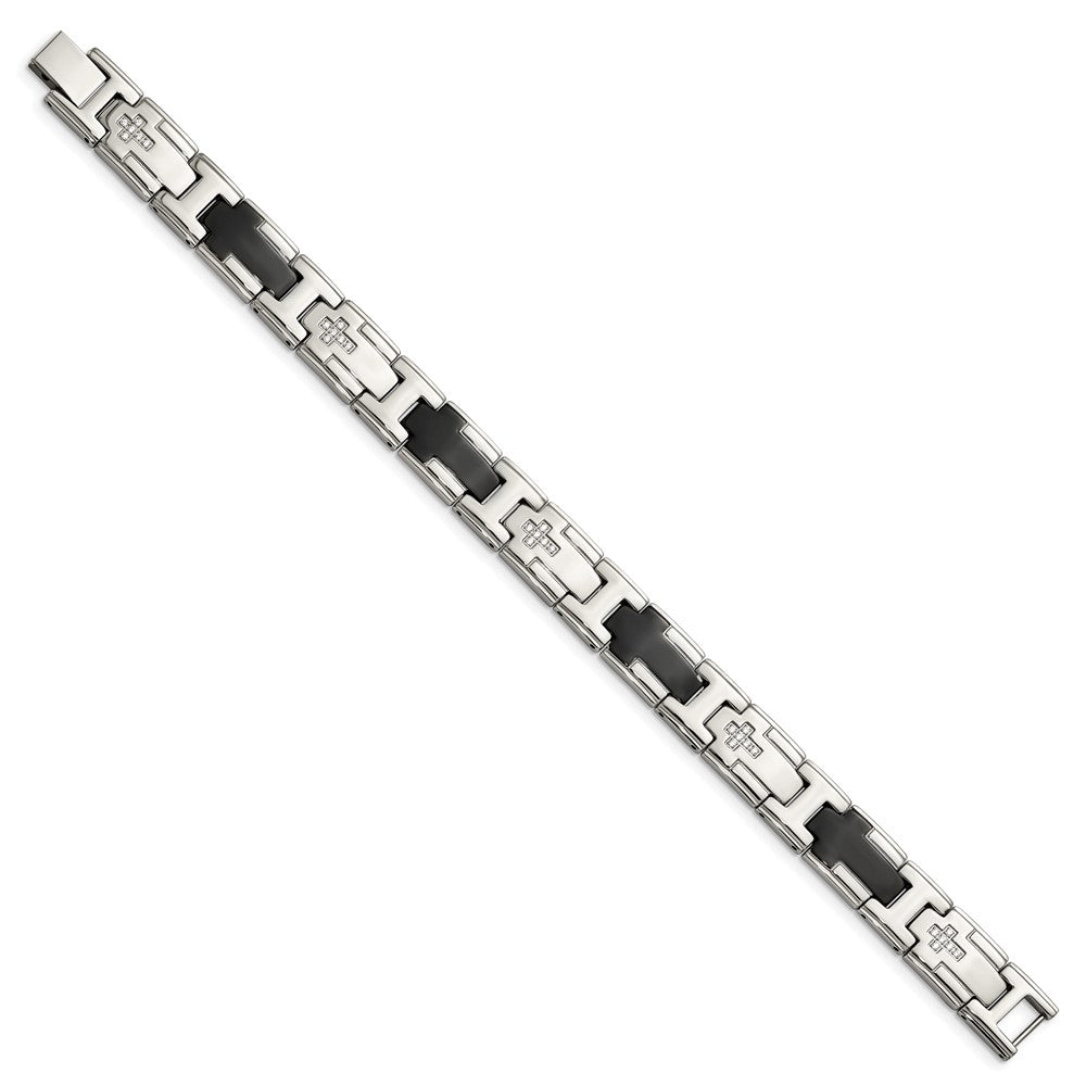 Chisel Stainless Steel Polished Black IP-plated with CZ 8.5 inch Cross Link Bracelet