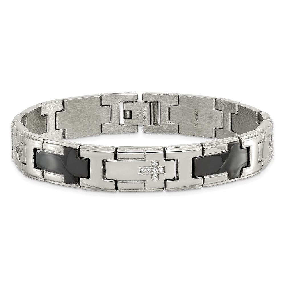 Chisel Stainless Steel Polished Black IP-plated with CZ 8.5 inch Cross Link Bracelet