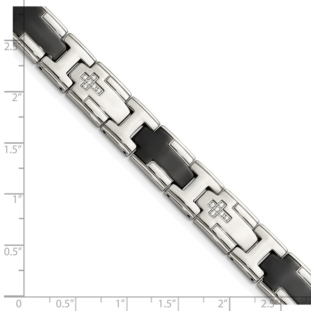 Chisel Stainless Steel Polished Black IP-plated with CZ 8.5 inch Cross Link Bracelet