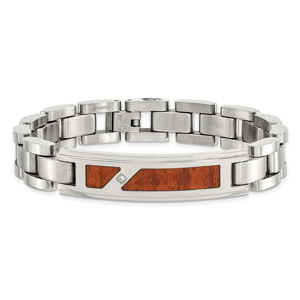 Chisel Stainless Steel Brushed and Polished with Wood Inlay and CZ 8.5 inch Link ID Bracelet