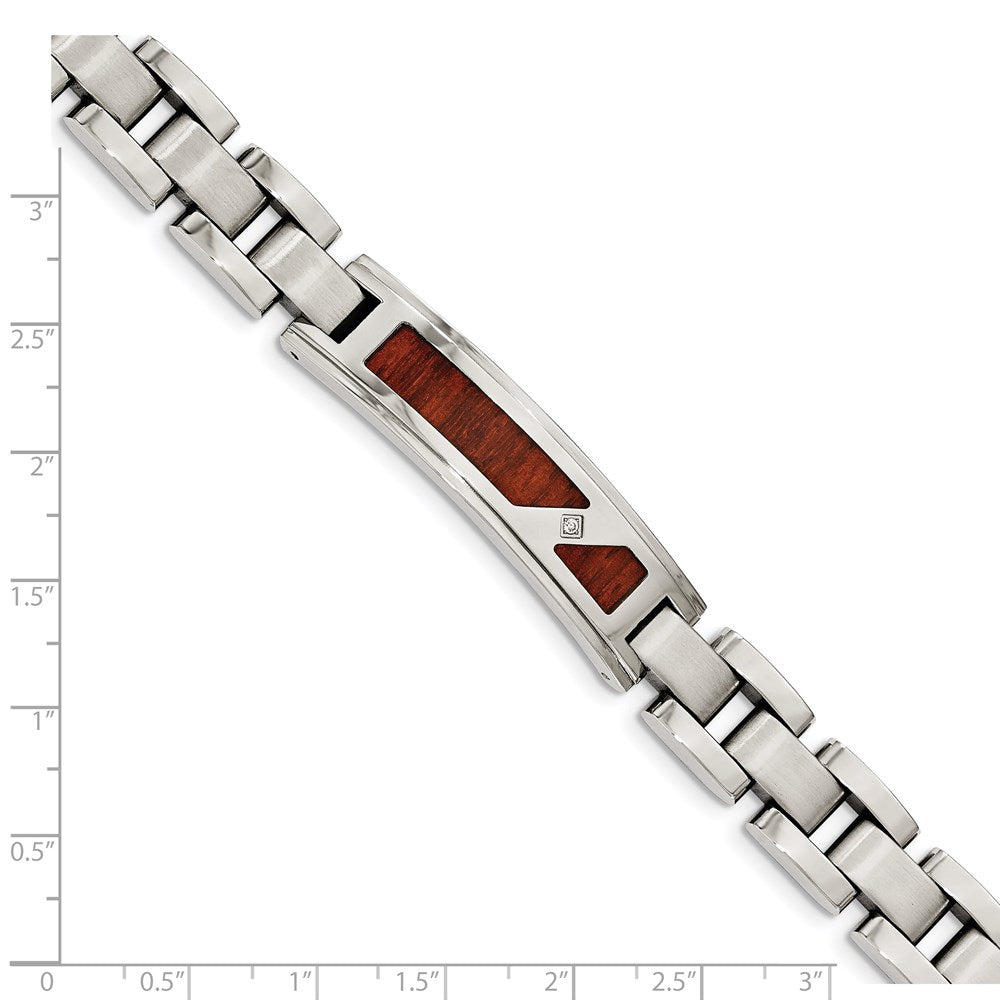 Chisel Stainless Steel Brushed and Polished with Wood Inlay and CZ 8.5 inch Link ID Bracelet