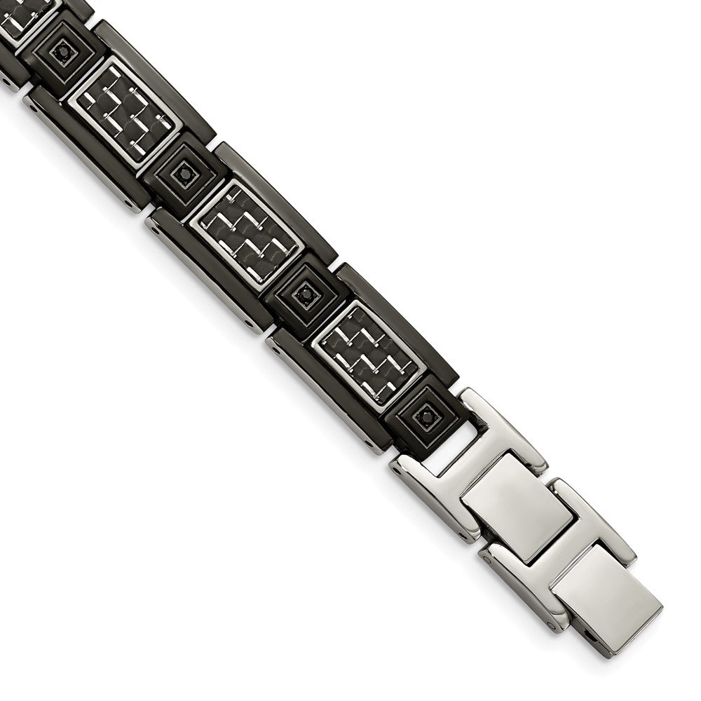 Chisel Stainless Steel Polished Black IP-plated with Black Carbon Fiber Inlay and Black CZ 8.75 inch Link Bracelet