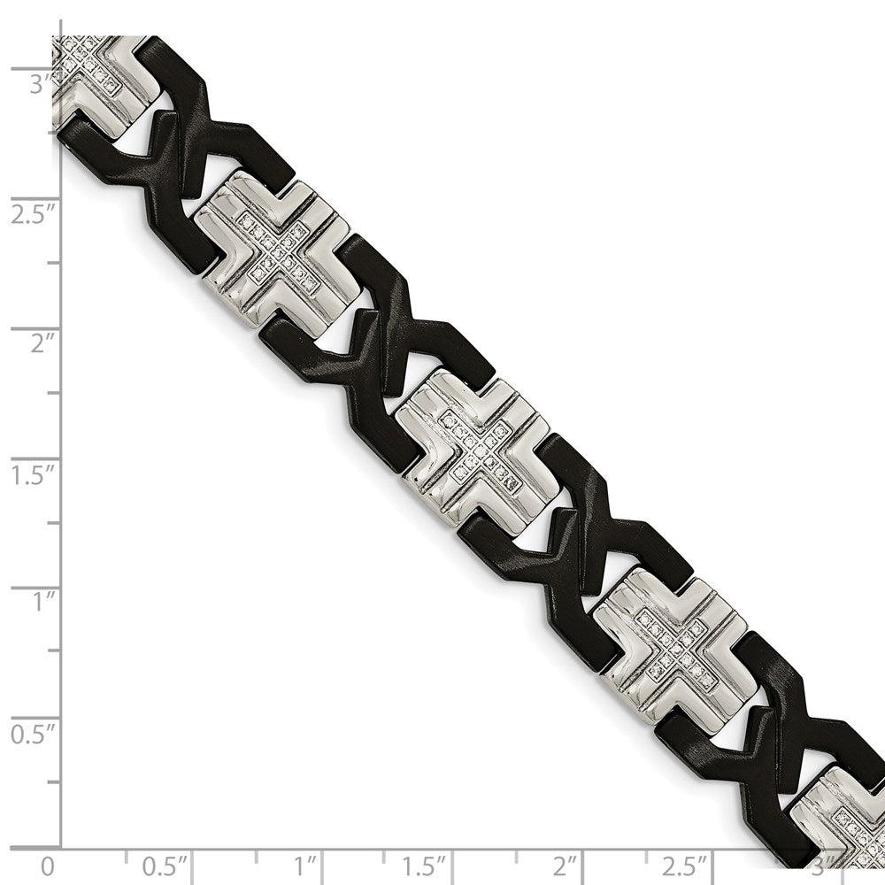 Chisel Stainless Steel Brushed and Polished Black IP-plated with CZ 8.25 inch Cross Link Bracelet