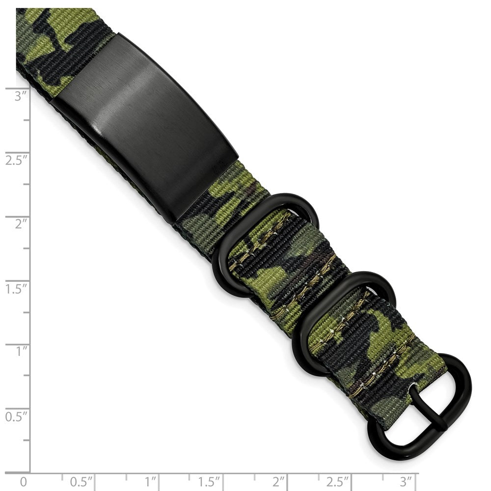 Stainless Steel Brushed Blk IP Green Camo Fabric Adjustable ID Bracelet