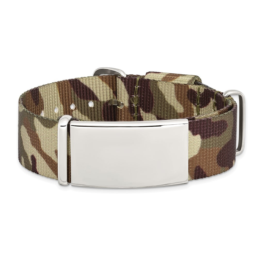 Stainless Steel Polished Brown Camo Fabric Adjustable ID Bracelet