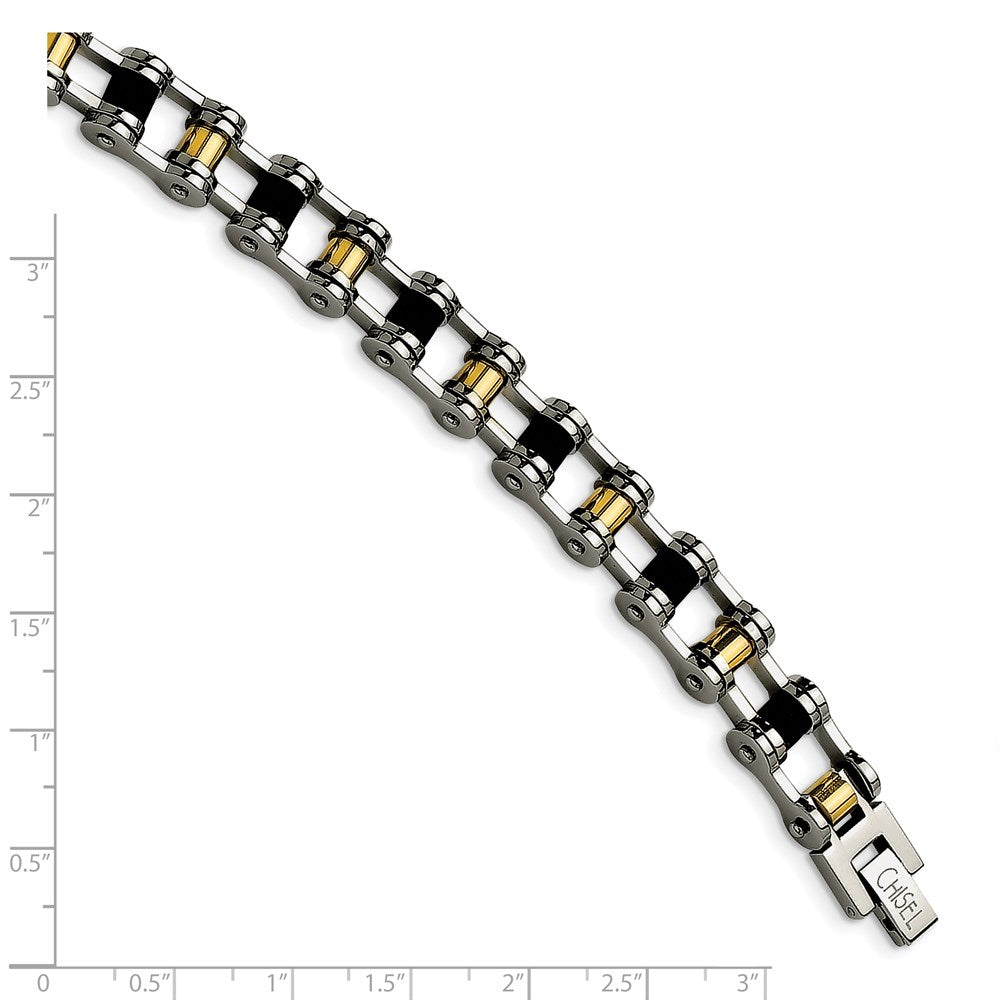 Chisel Stainless Steel Polished Yellow IP-plated with Black Rubber 8.75 inch Bracelet