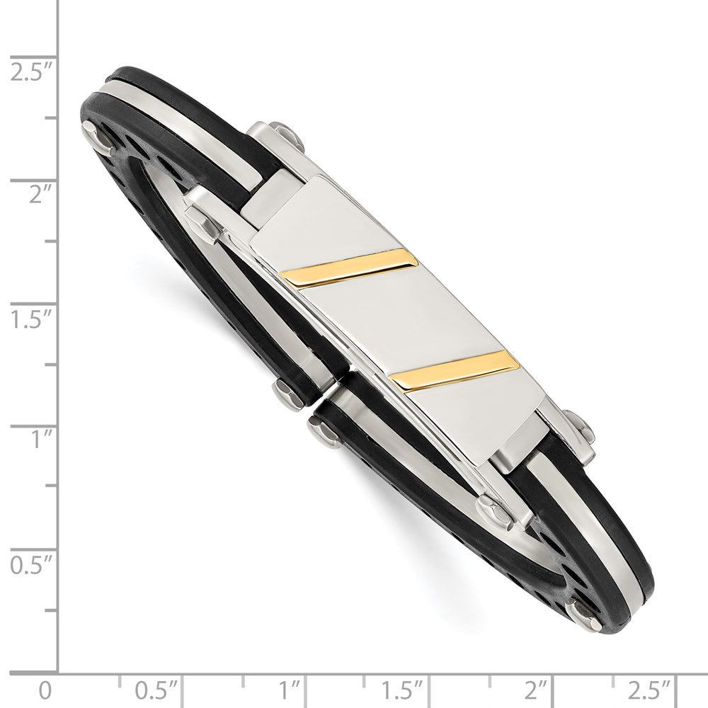 Chisel Stainless Steel Polished with Black PVC and 14k Gold Inlay Hinged Bangle