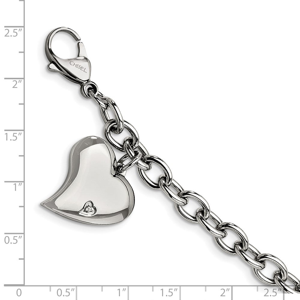 Chisel Stainless Steel Polished Link with CZ Heart Dangle Charm 7.5 inch Bracelet