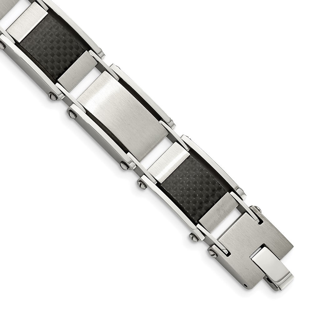 Chisel Stainless Steel Brushed and Polished with Black Carbon Fiber Inlay 8.75 inch Link Bracelet